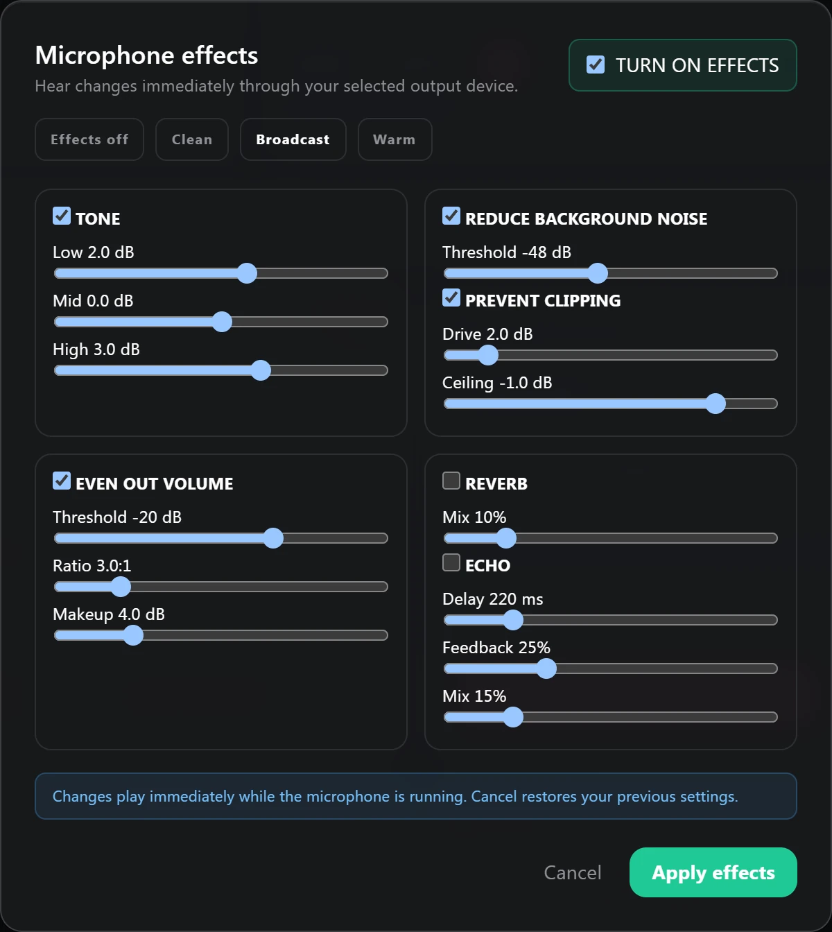 The Microphone effects panel with tone, noise reduction, clipping protection and volume controls
